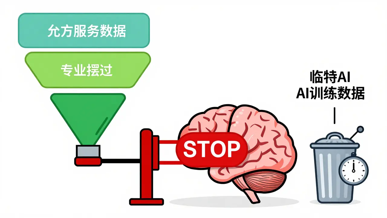 Illustration showing restricted data flow into AI models with deletion icons