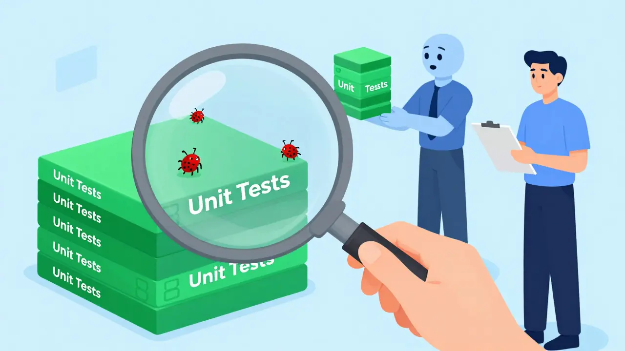 Magnifying glass inspecting code blocks to catch bugs in unit testing process