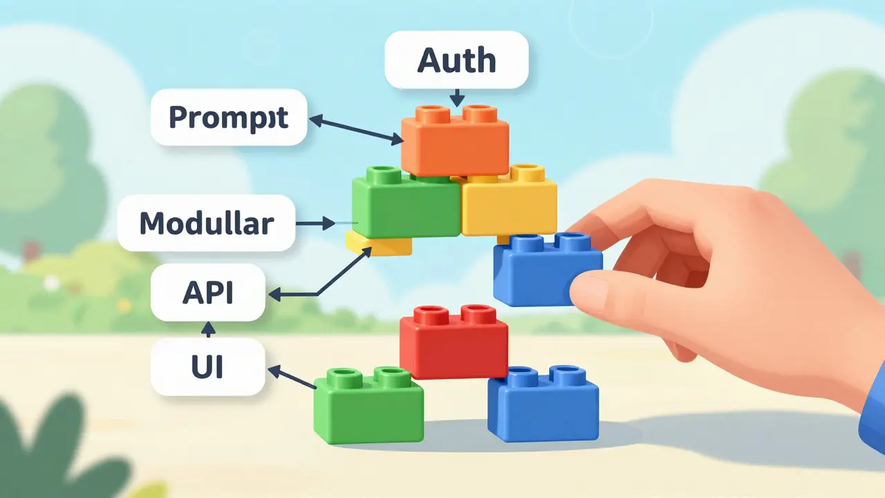 Modular prompt snippets assembled like colorful building blocks