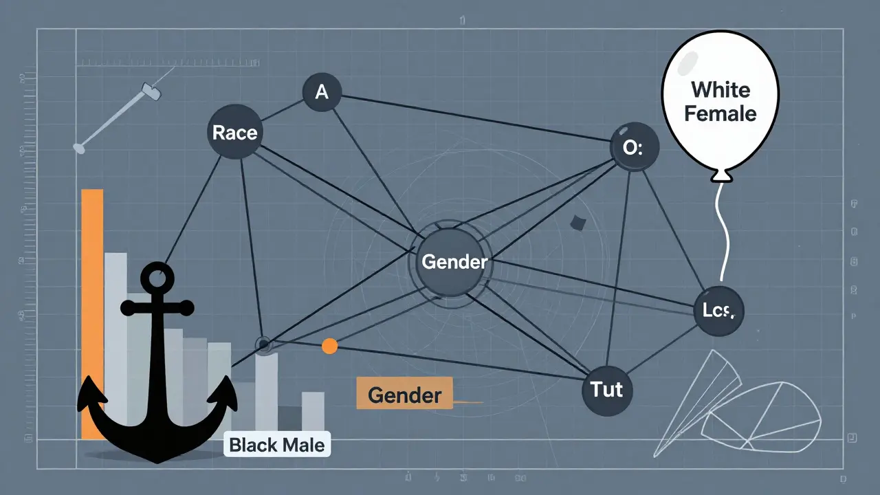 Network diagram showing intersectional bias weights on race and gender