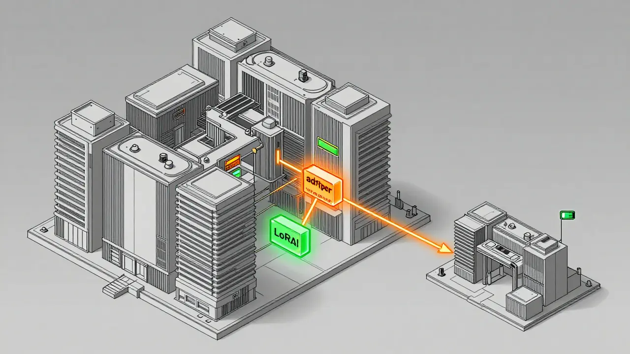 Technical diagram illustrating LoRA efficiency with highlighted adapter modules on a neural network