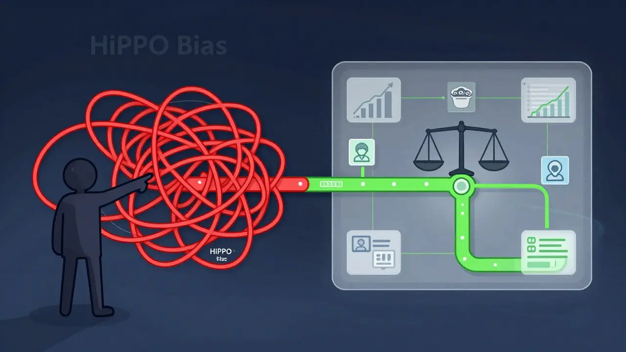 Technical drawing comparing biased vs AI-driven roadmap prioritization