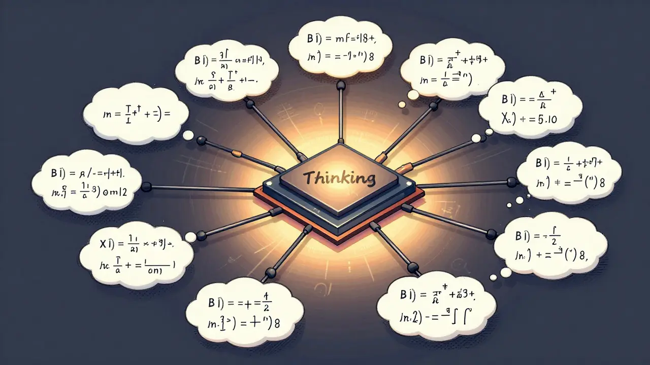 Technical drawing of an AI chip expanding into complex reasoning pathways