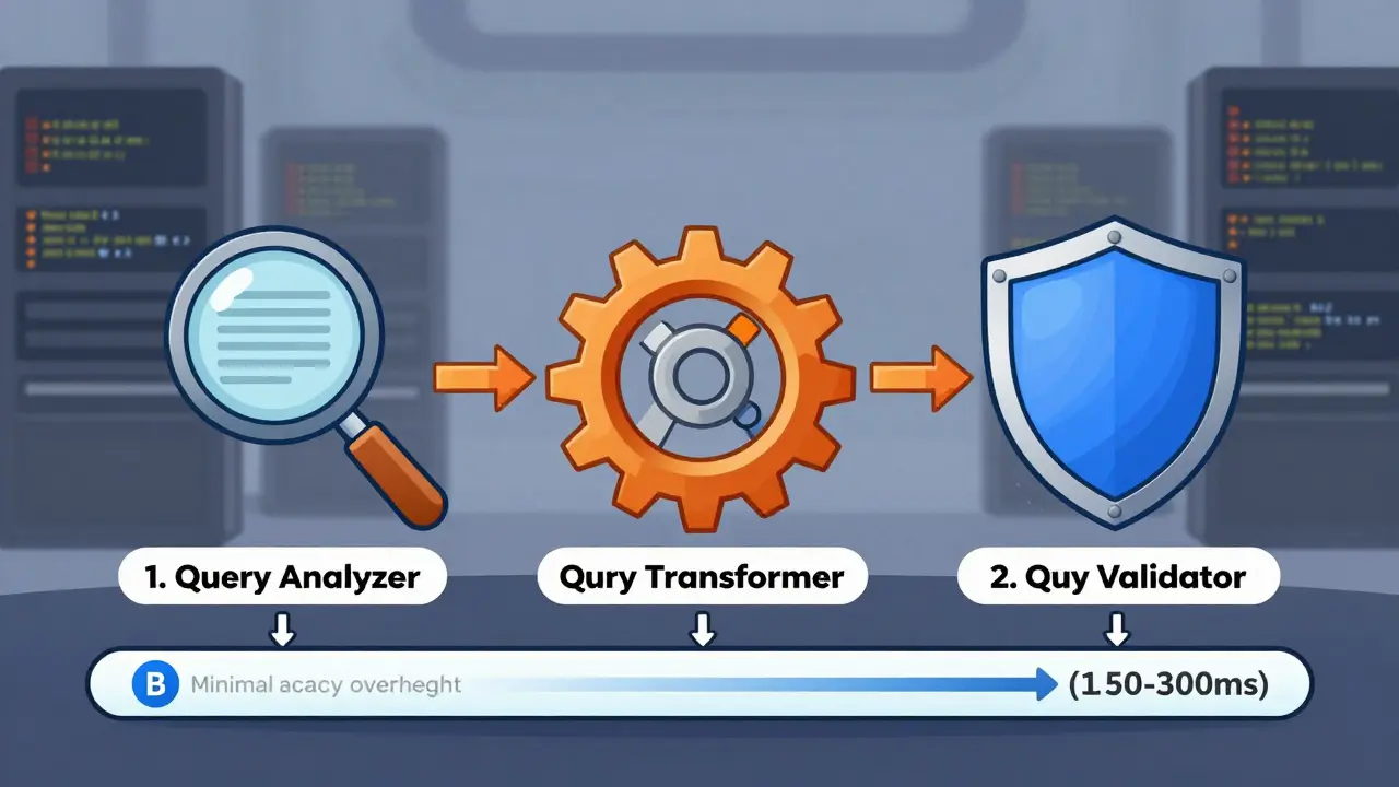 Technical flowchart of query analyzer, transformer, and validator