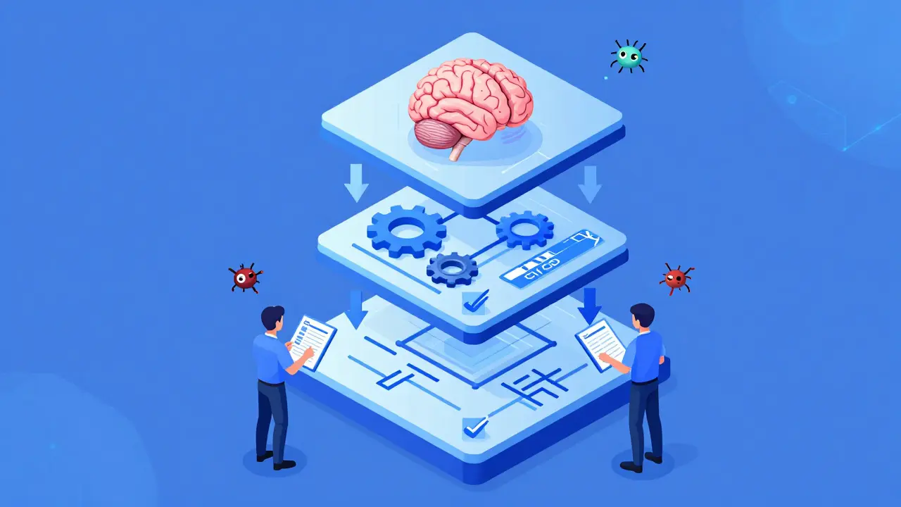 Three-layer quality architecture diagram filtering errors from AI code