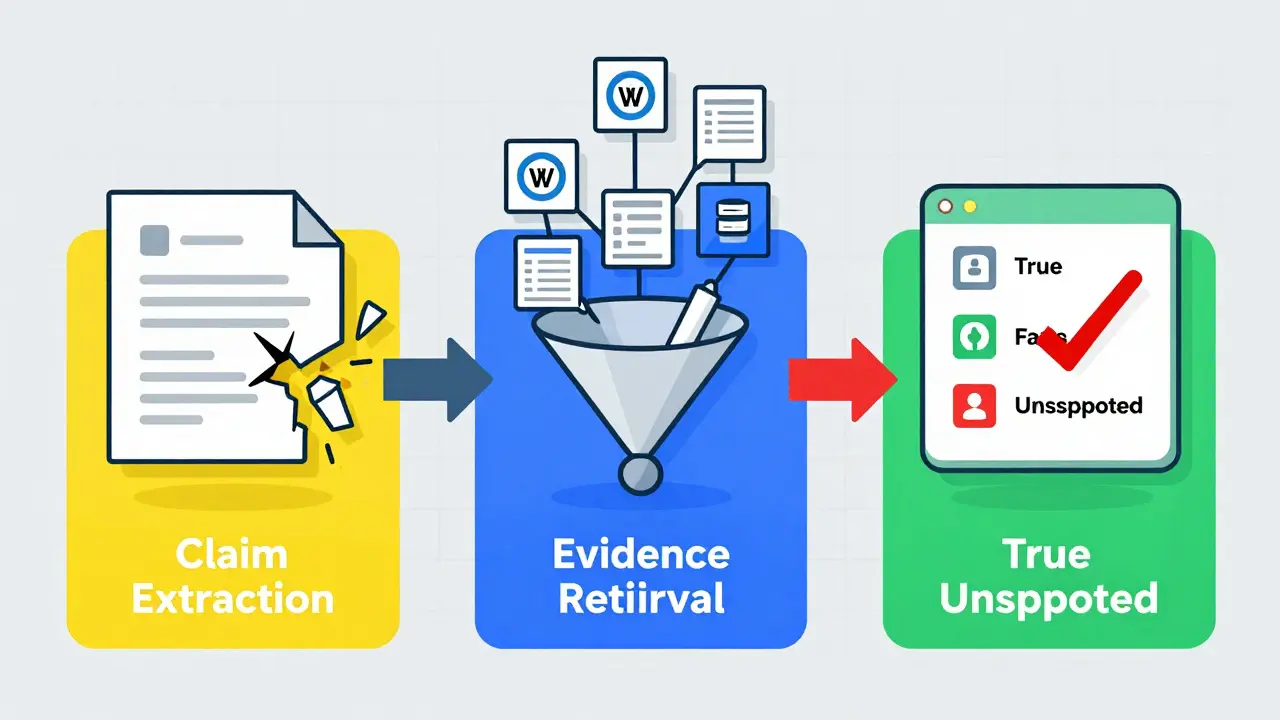 Three-step diagram showing claim extraction, evidence retrieval, and verification process