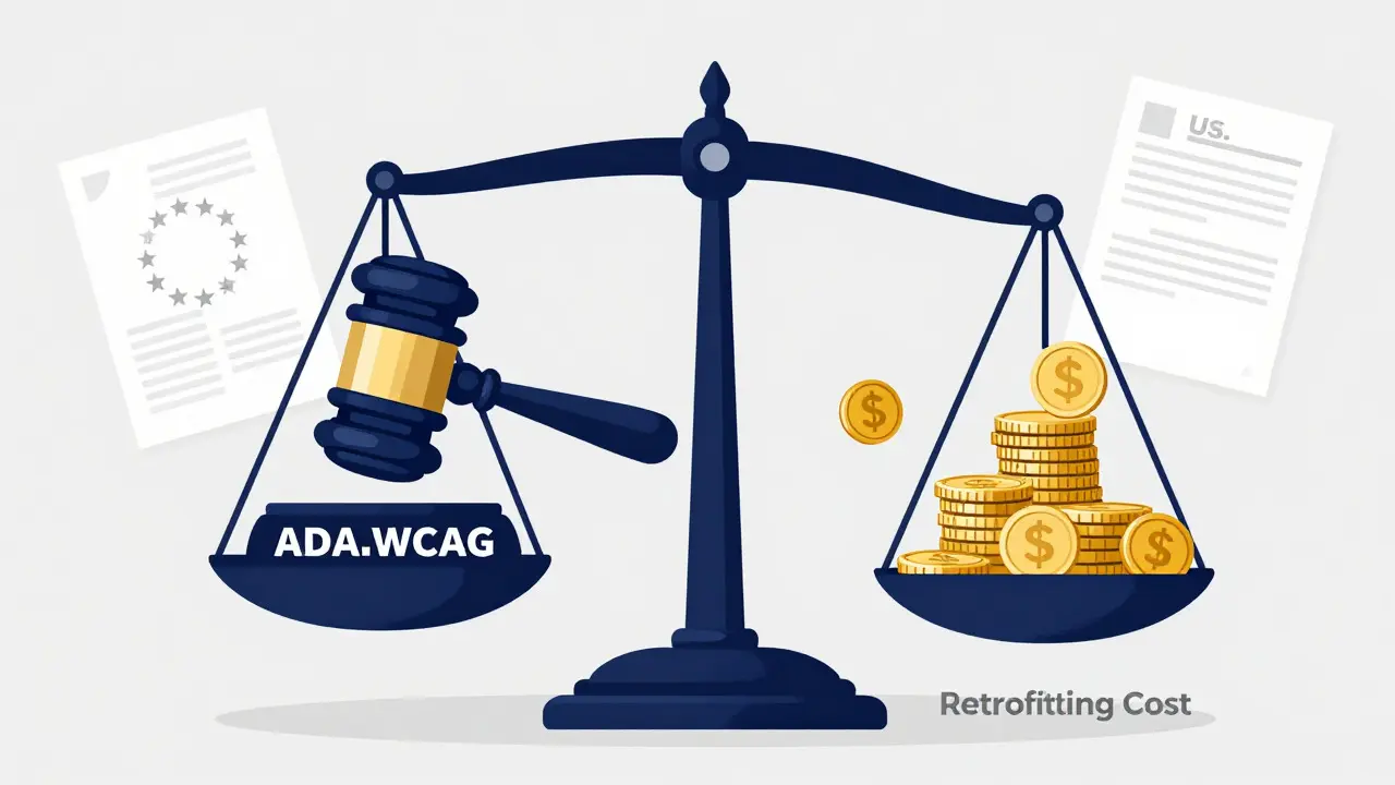 Balance scale showing legal penalties outweighing costs of retrofitting AI accessibility.