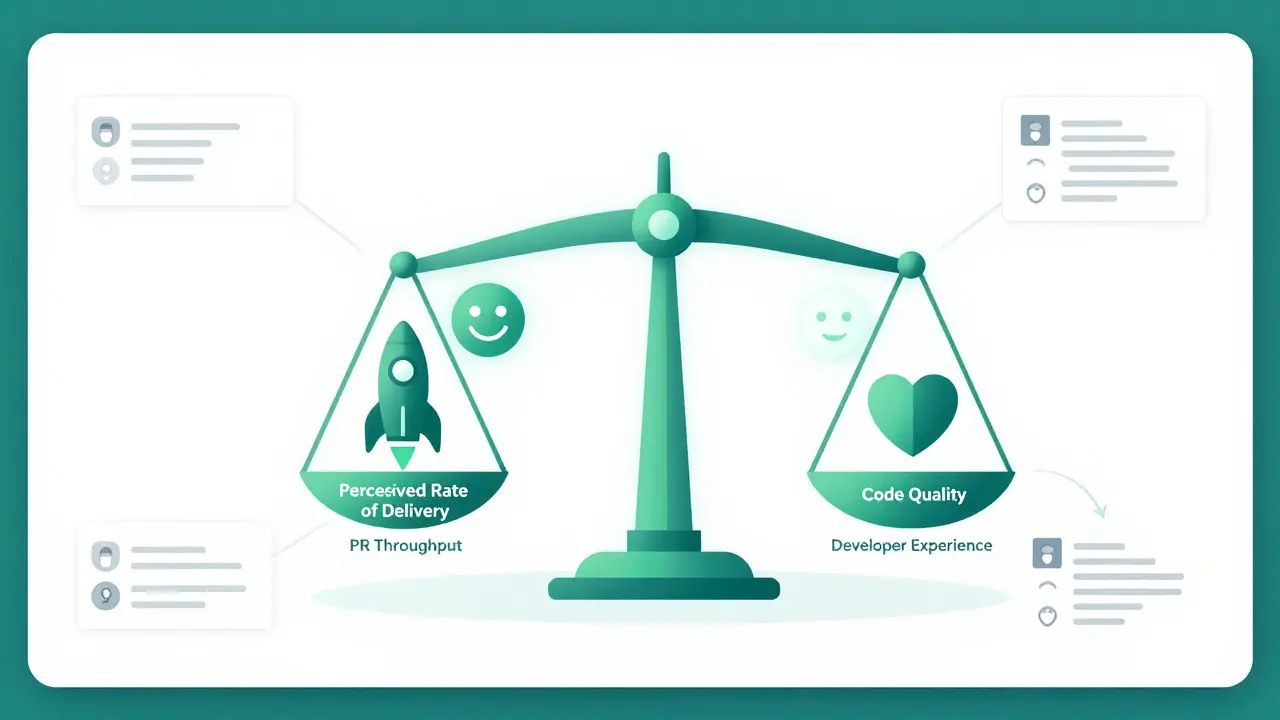 Balanced technical dashboard showing four key metrics for developer productivity