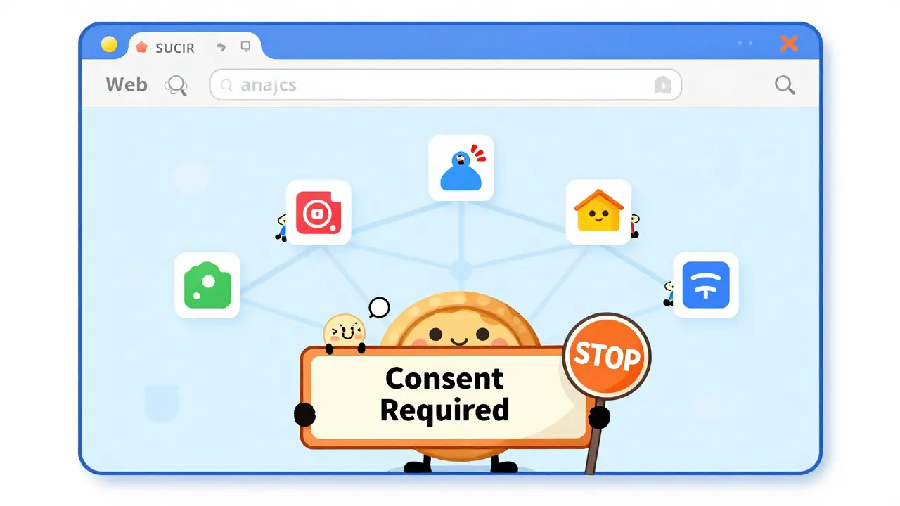 Cartoon browser with cookie banner robot blocking sneaky tracking icons