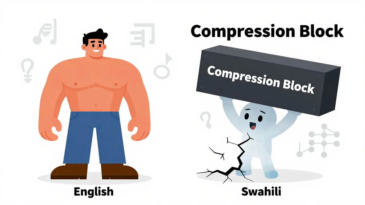Cartoon showing strong English vs fragile Swahili characters under compression weight, highlighting performance gaps.