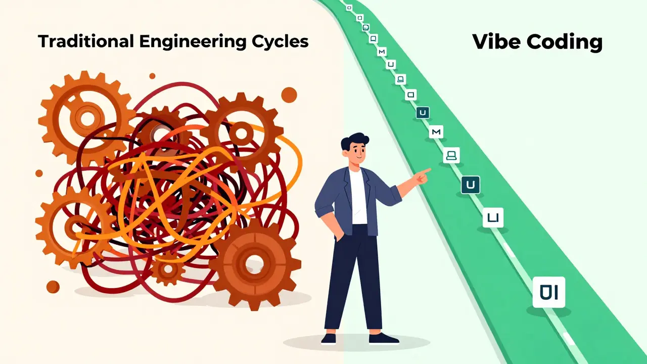 Comparison of slow traditional coding vs fast vibe coding workflow