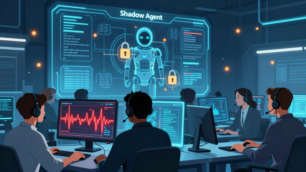 Cybersecurity team monitoring holographic screens during an AI threat simulation with containment protocols active.