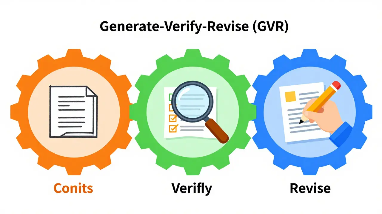 Diagram of three gears representing the Generate, Verify, and Revise AI loop