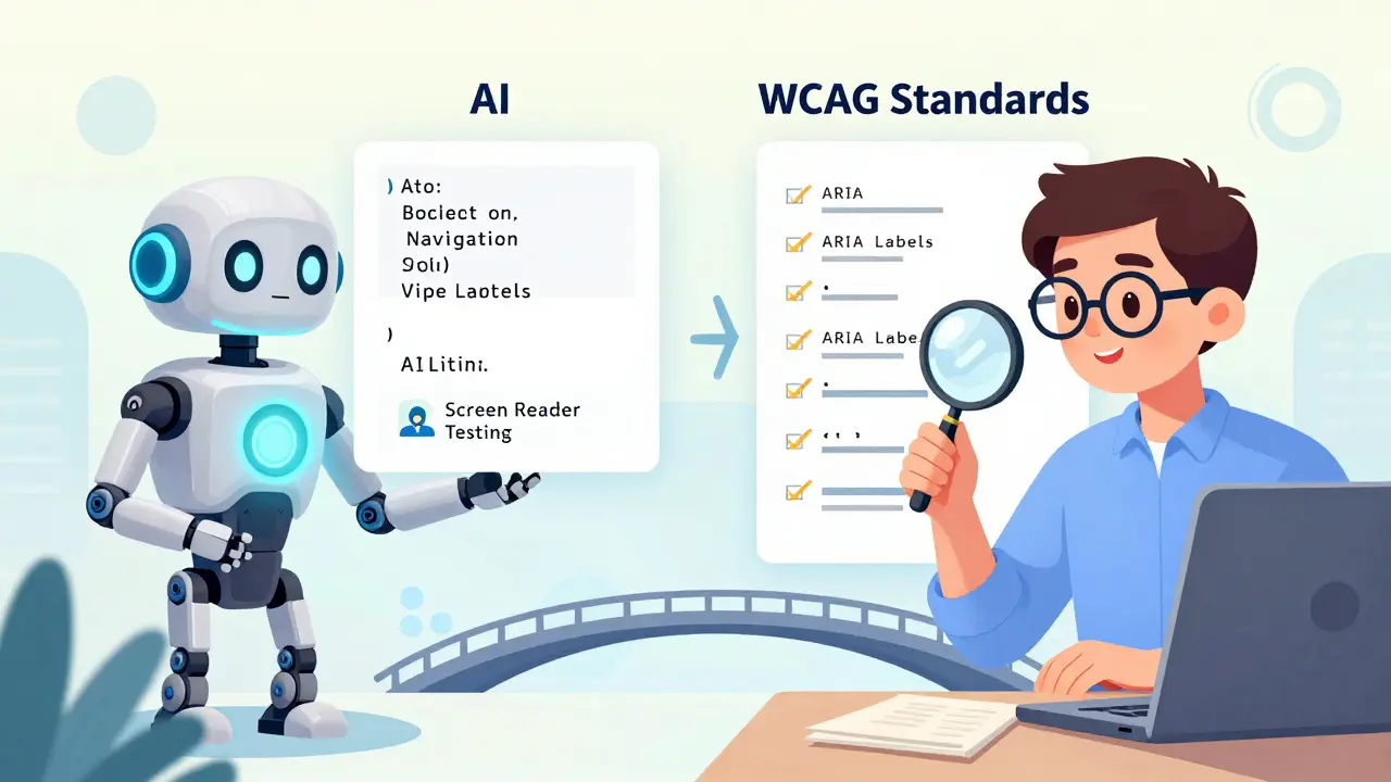 Diagram showing AI and humans collaborating on accessible web code review.