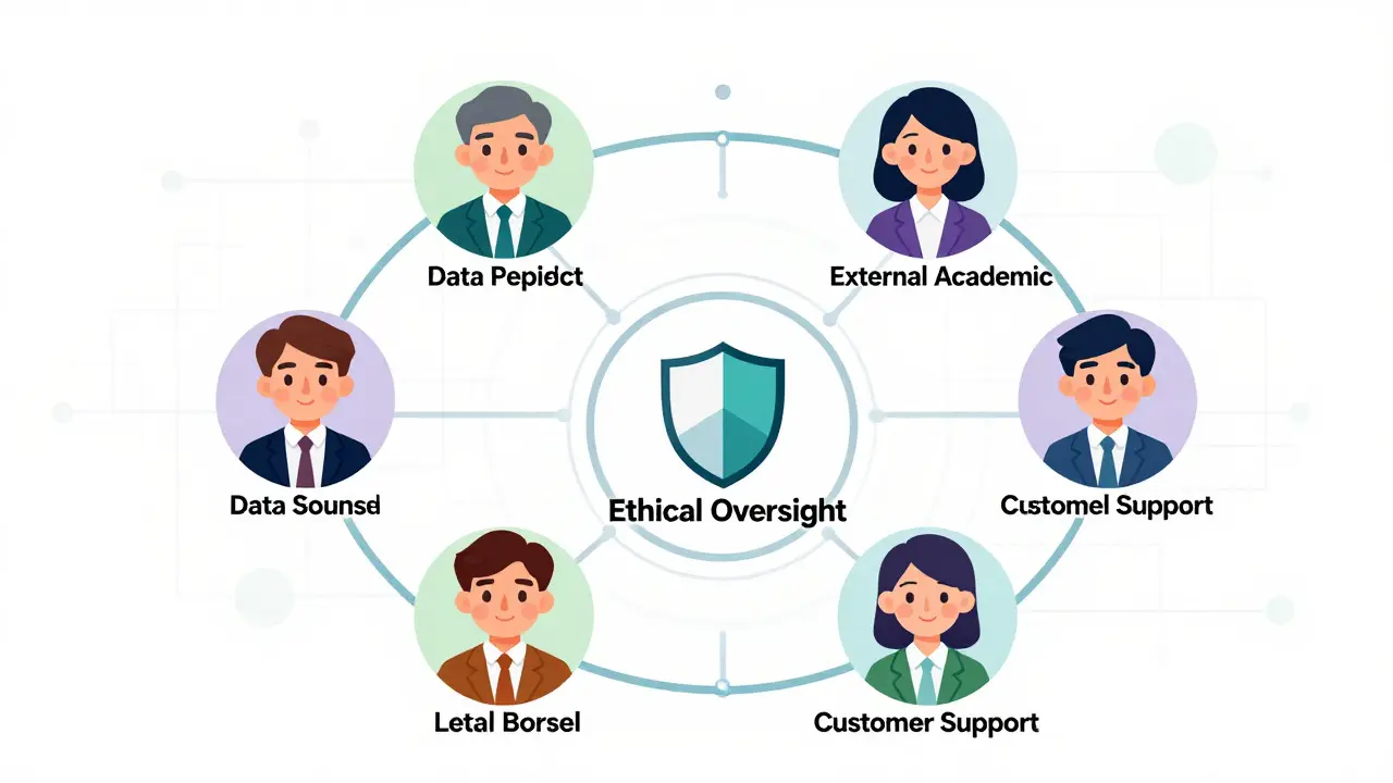 Diagram showing diverse roles in an AI ethics governance structure
