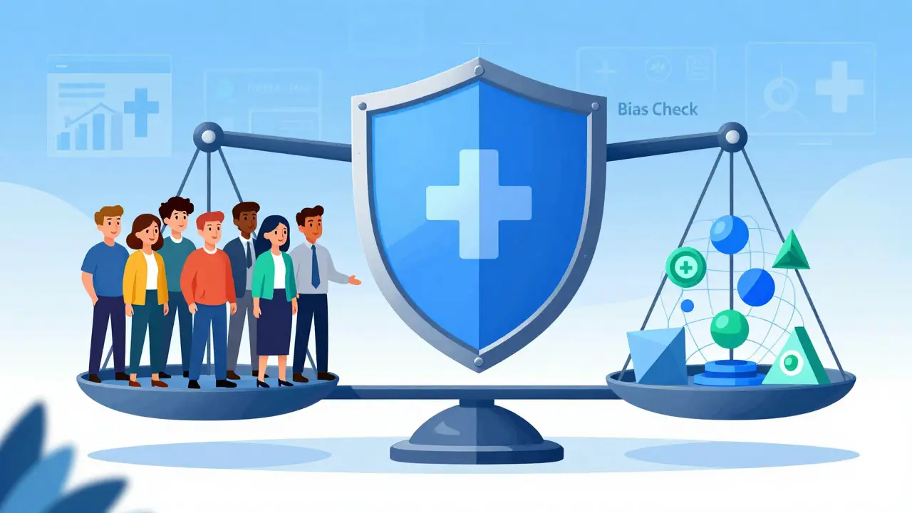 Diverse team balancing data scales to prevent AI bias in technical illustration.