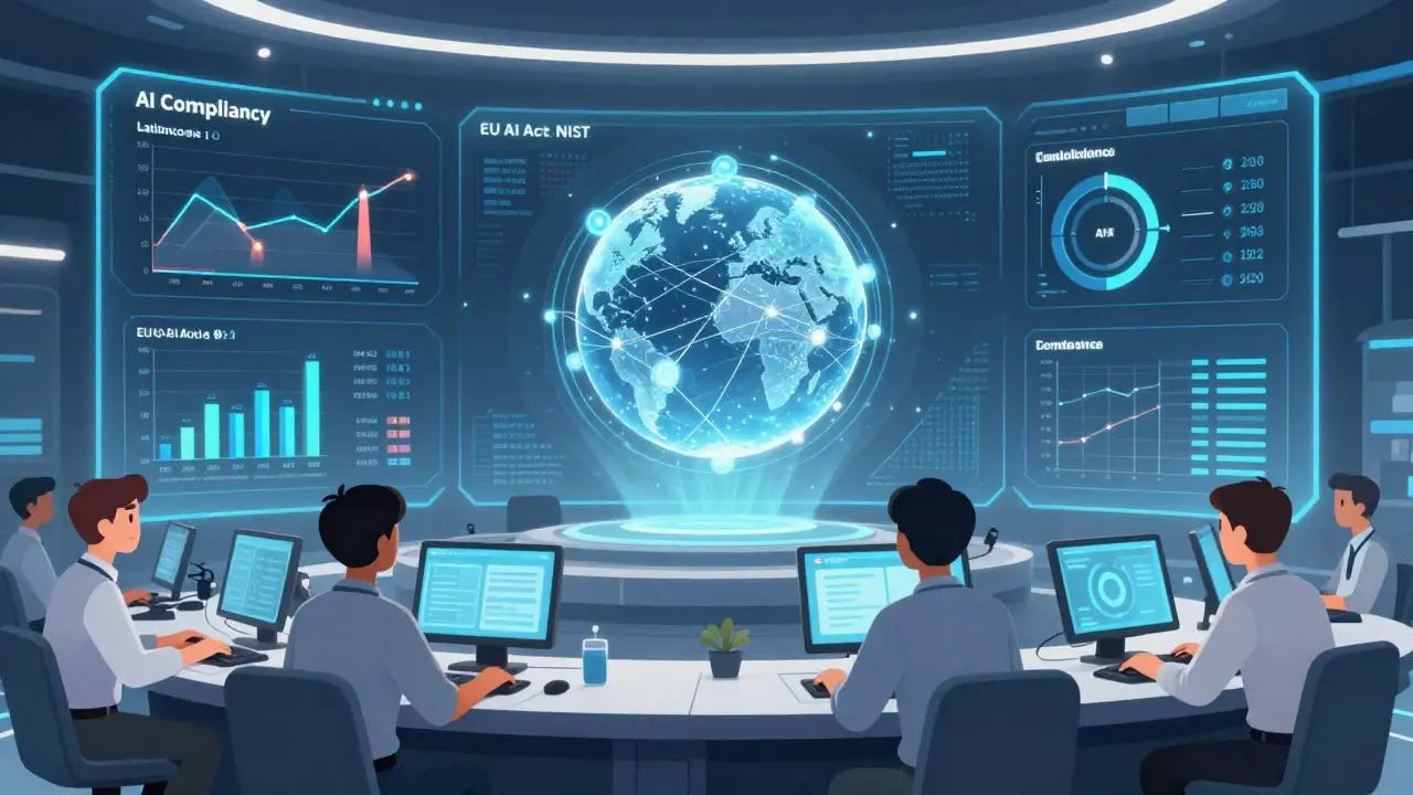 Engineers monitoring AI compliance dashboards