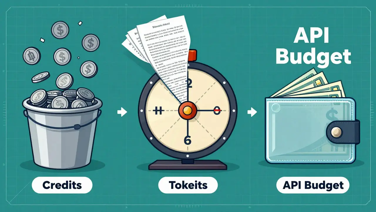 Illustration comparing credits, tokens, and API budget pricing models