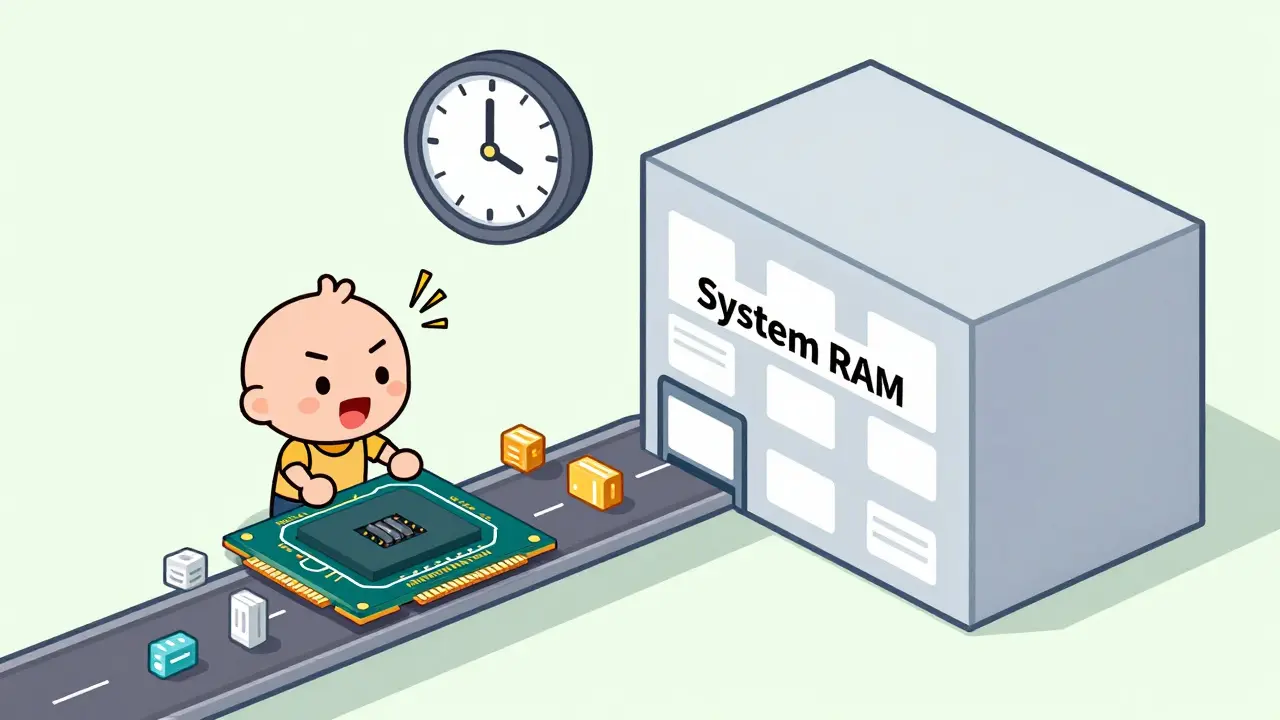 Illustration of CPU offloading showing slow data transfer between GPU and system RAM.
