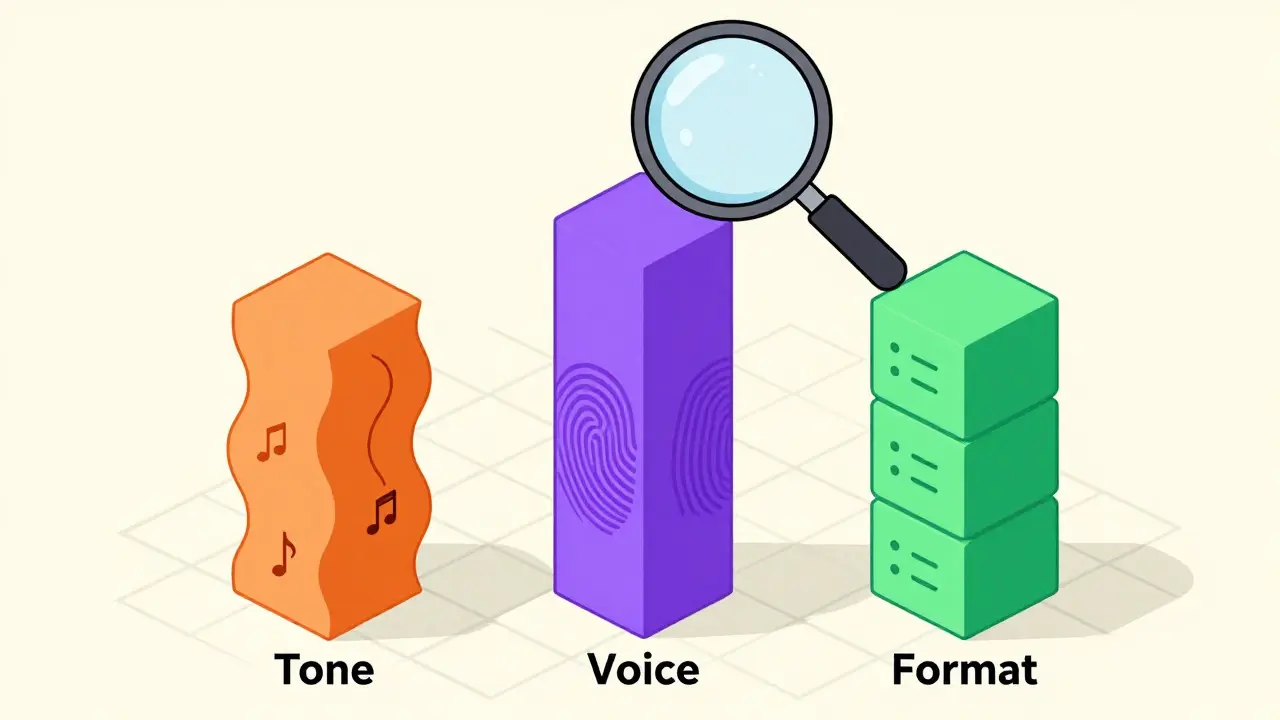 Illustration of three pillars representing tone, voice, and format in AI writing style.