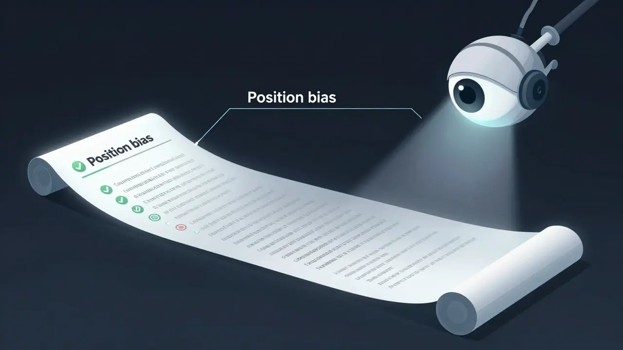 Illustration showing AI position bias ignoring middle content of documents