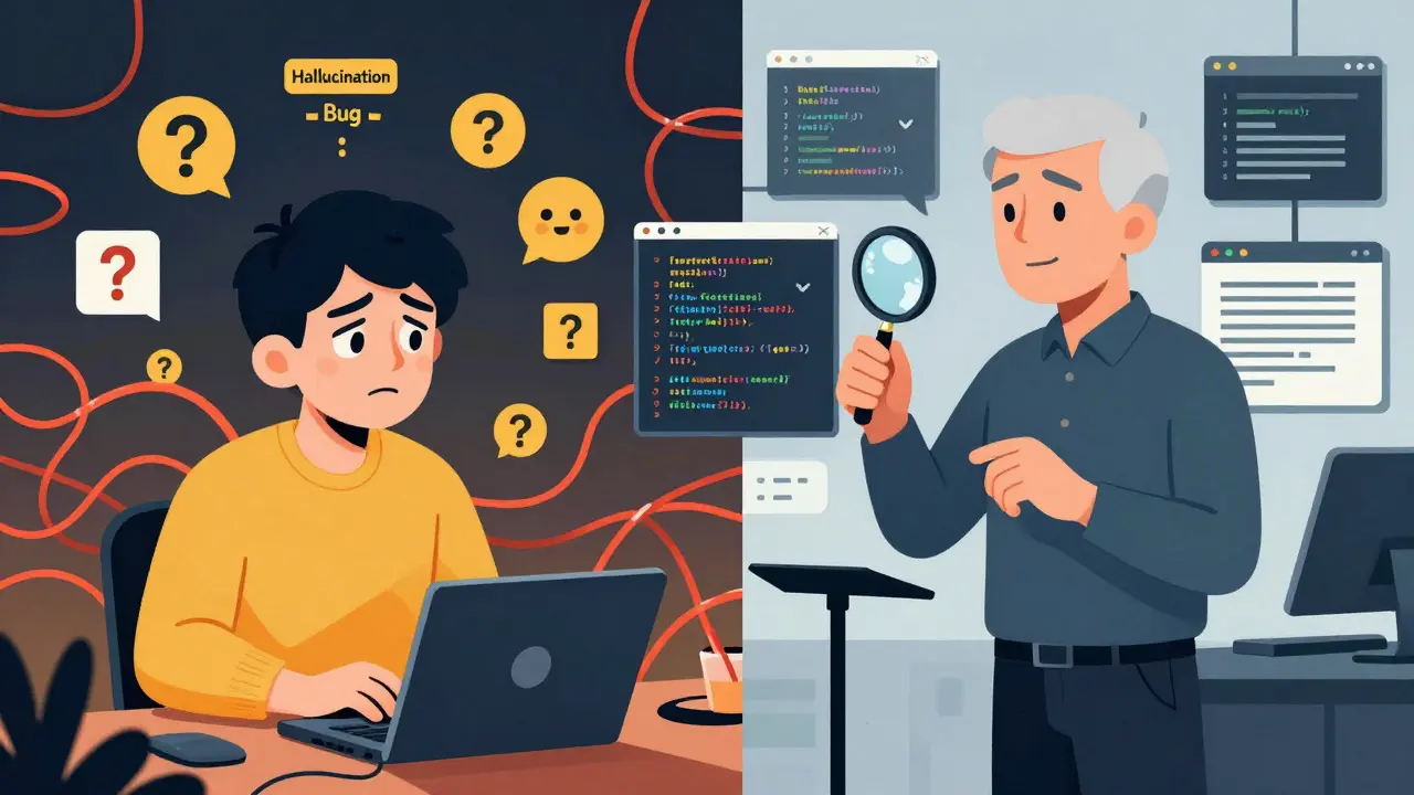 Junior vs Senior developer contrast showing confusion vs control with AI tools