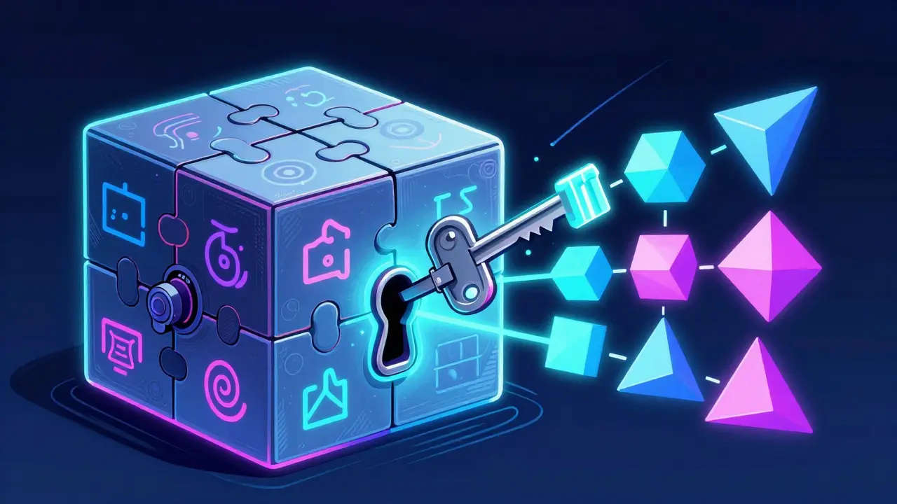 Key unlocking a puzzle box to release organized geometric logic shapes