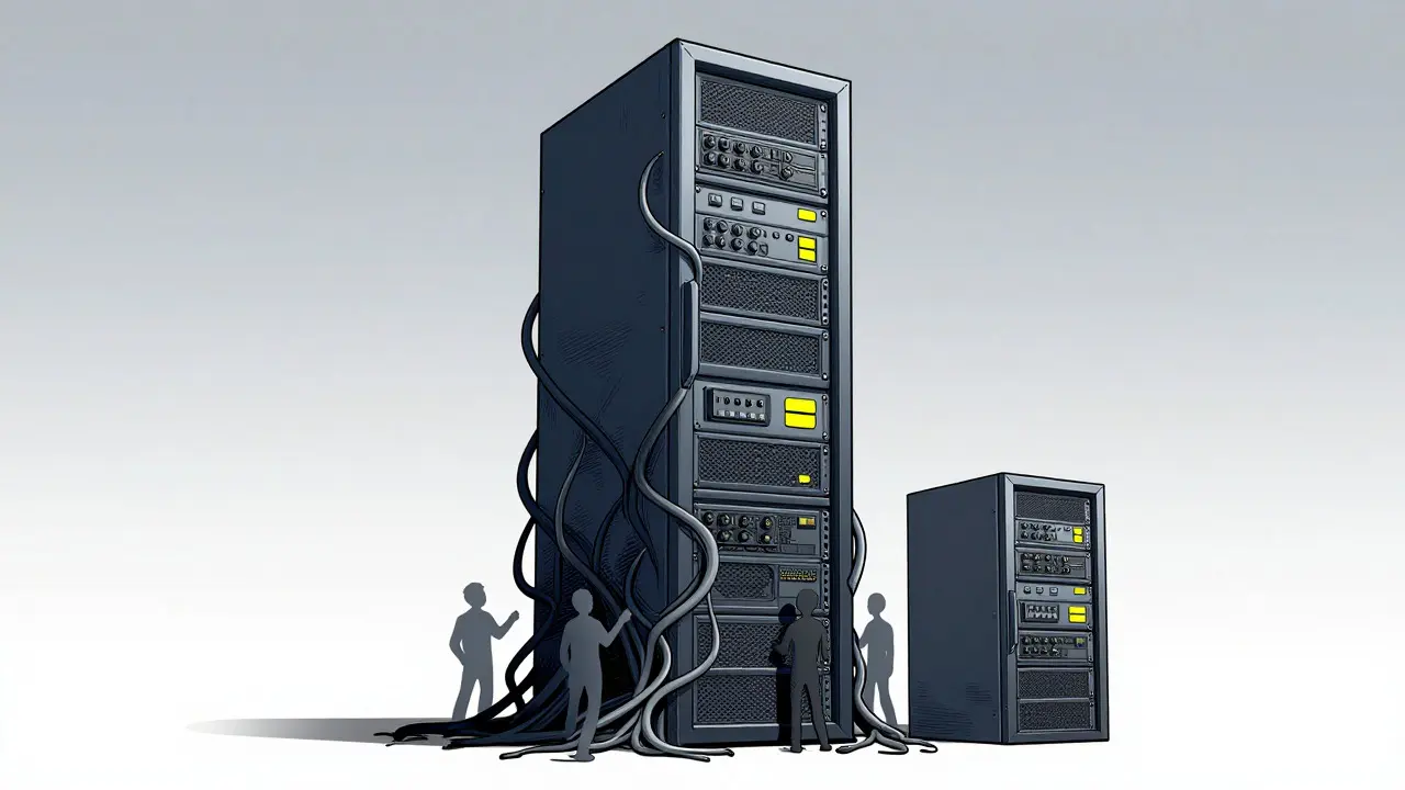 Large server tower scaling up while absorbing shadowy bias patterns