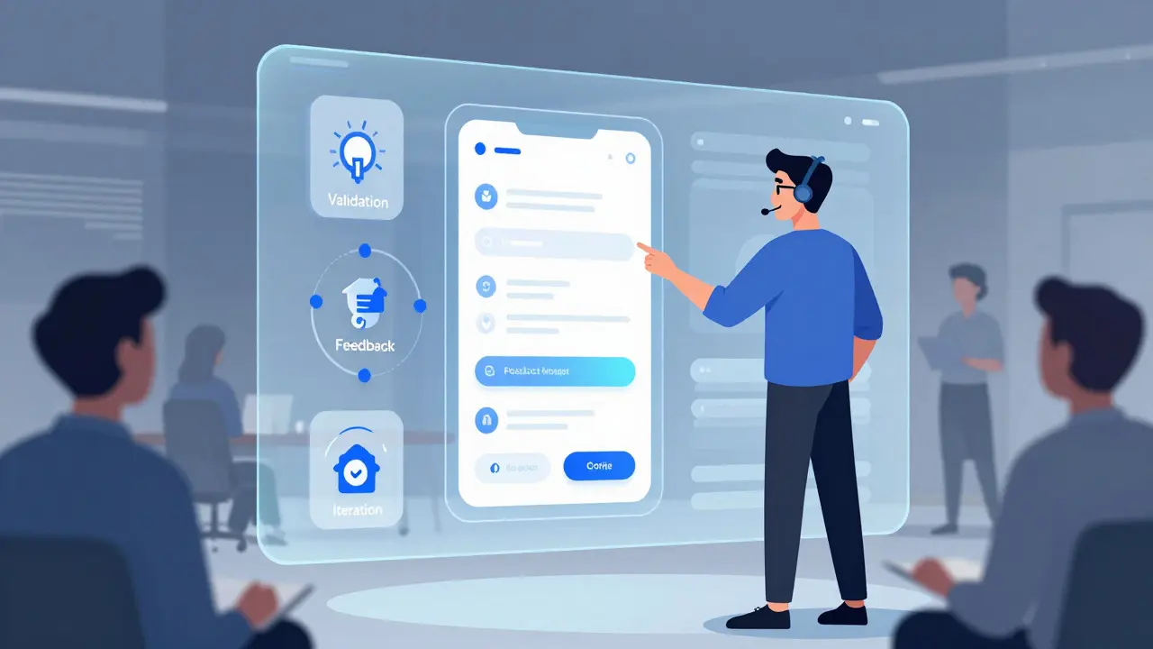 Product manager validating an interactive app prototype via hologram