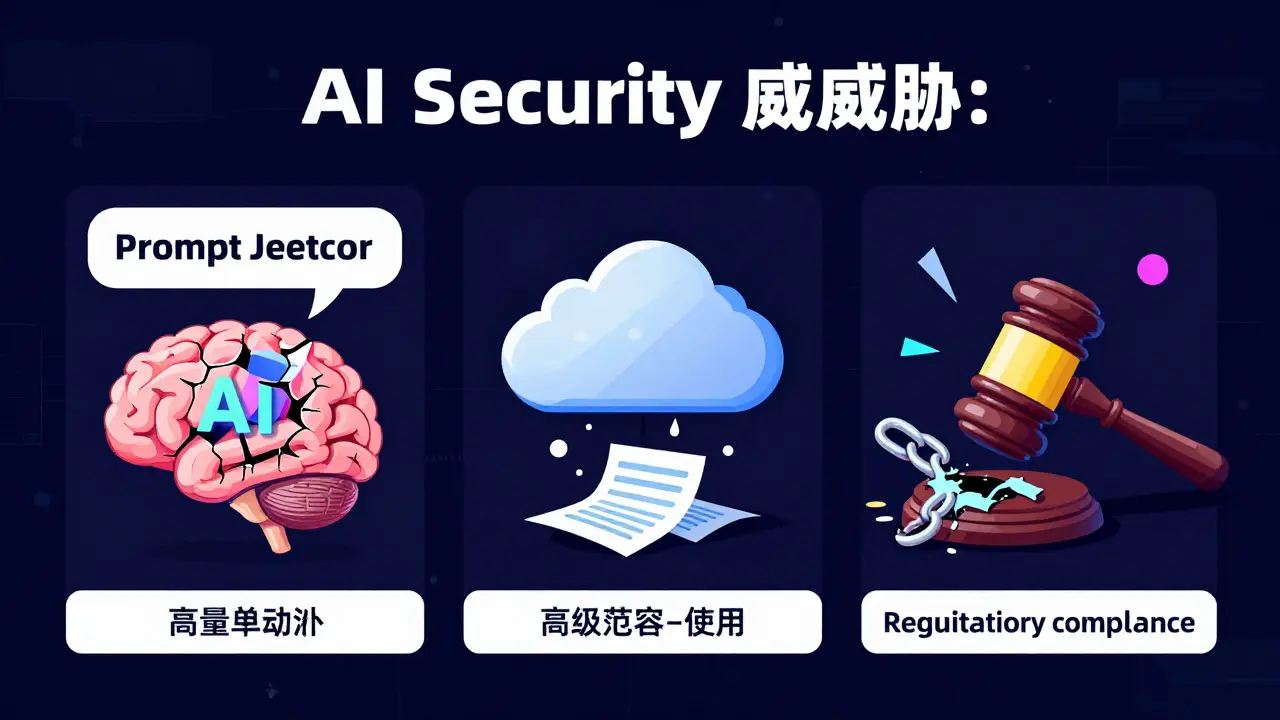 Schematic cartoon icons illustrating prompt injection, data leakage, and compliance risks in AI security.