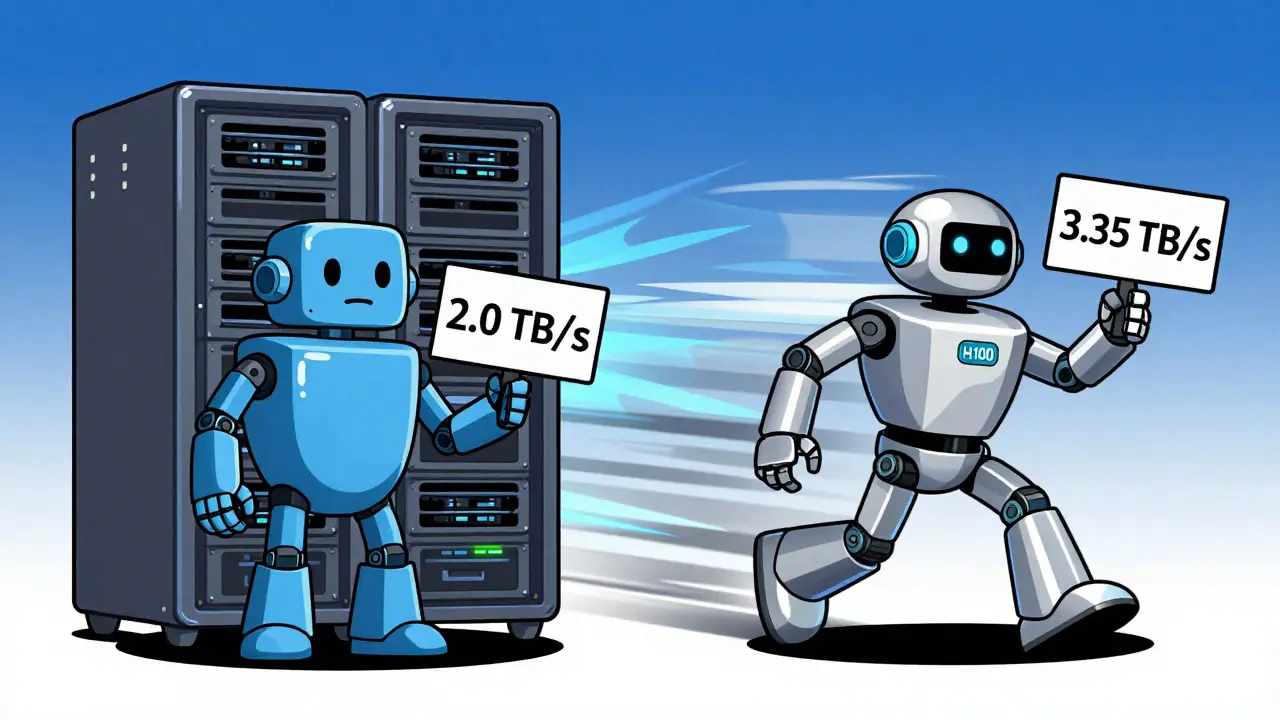 Side-by-side comparison of A100 and H100 GPUs highlighting speed and bandwidth differences.