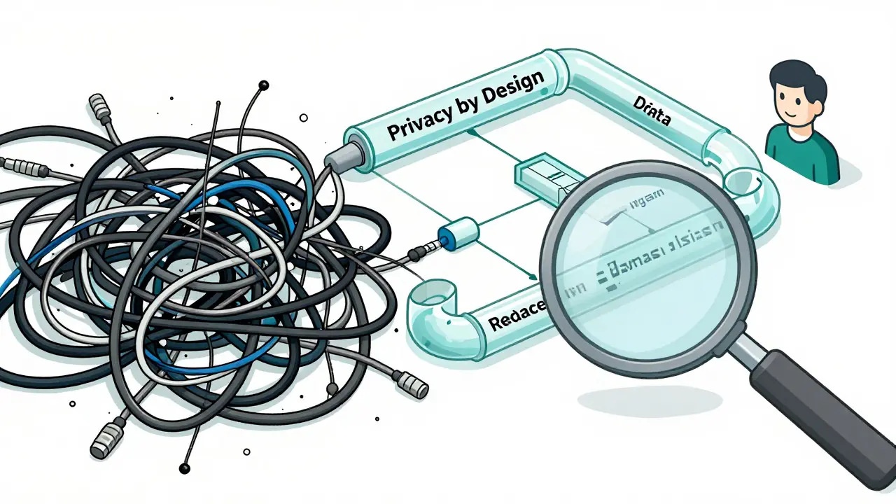 Split illustration comparing chaotic data tracking vs organized privacy design
