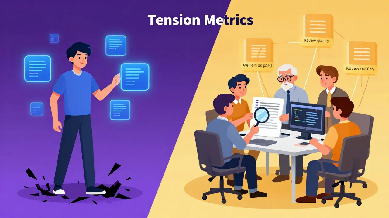 Split illustration contrasting passive AI reliance with active team code review