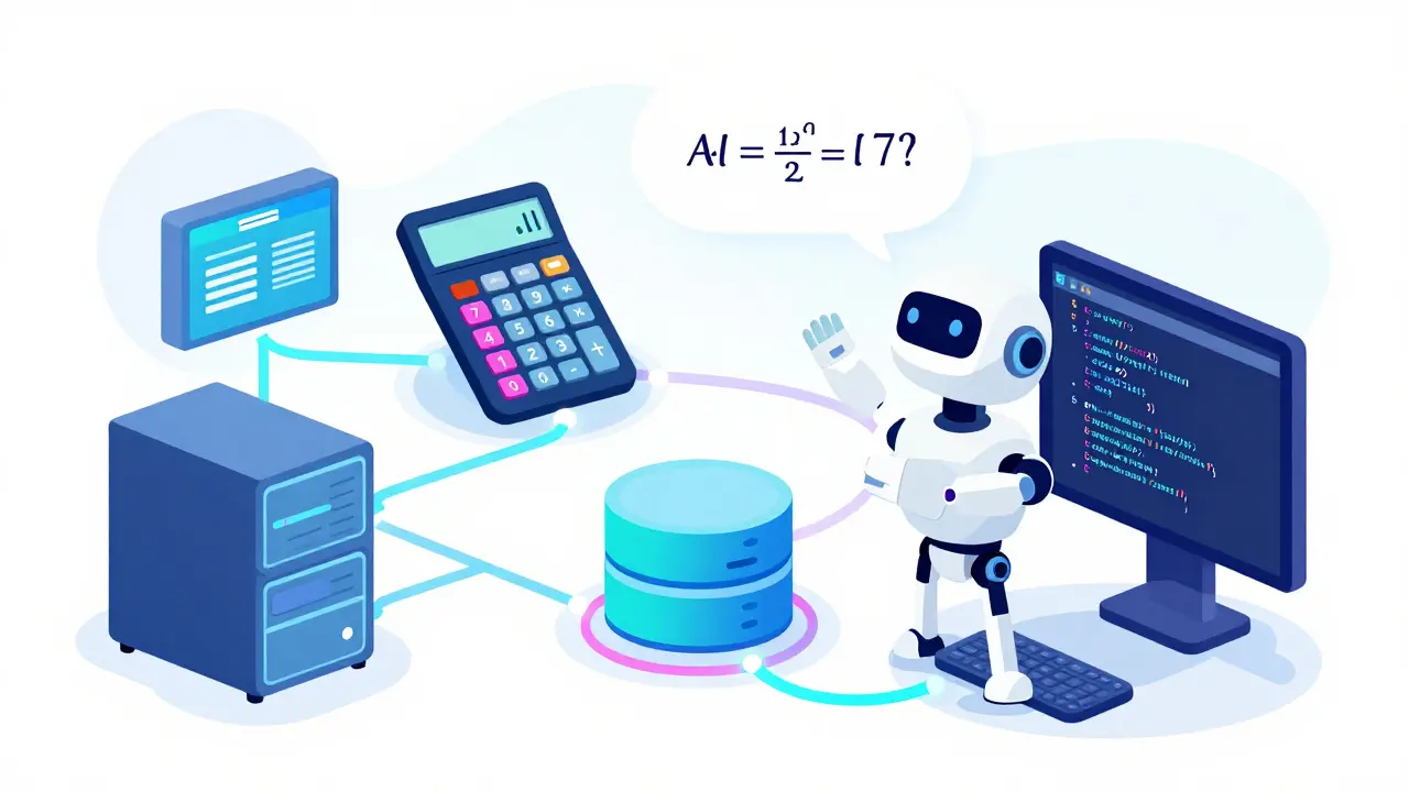 Stylized robot connecting to calculators and databases to verify AI calculations