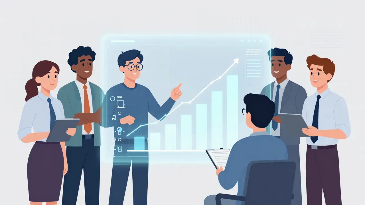 Team collaborating around a holographic productivity dashboard in cartoon illustration style