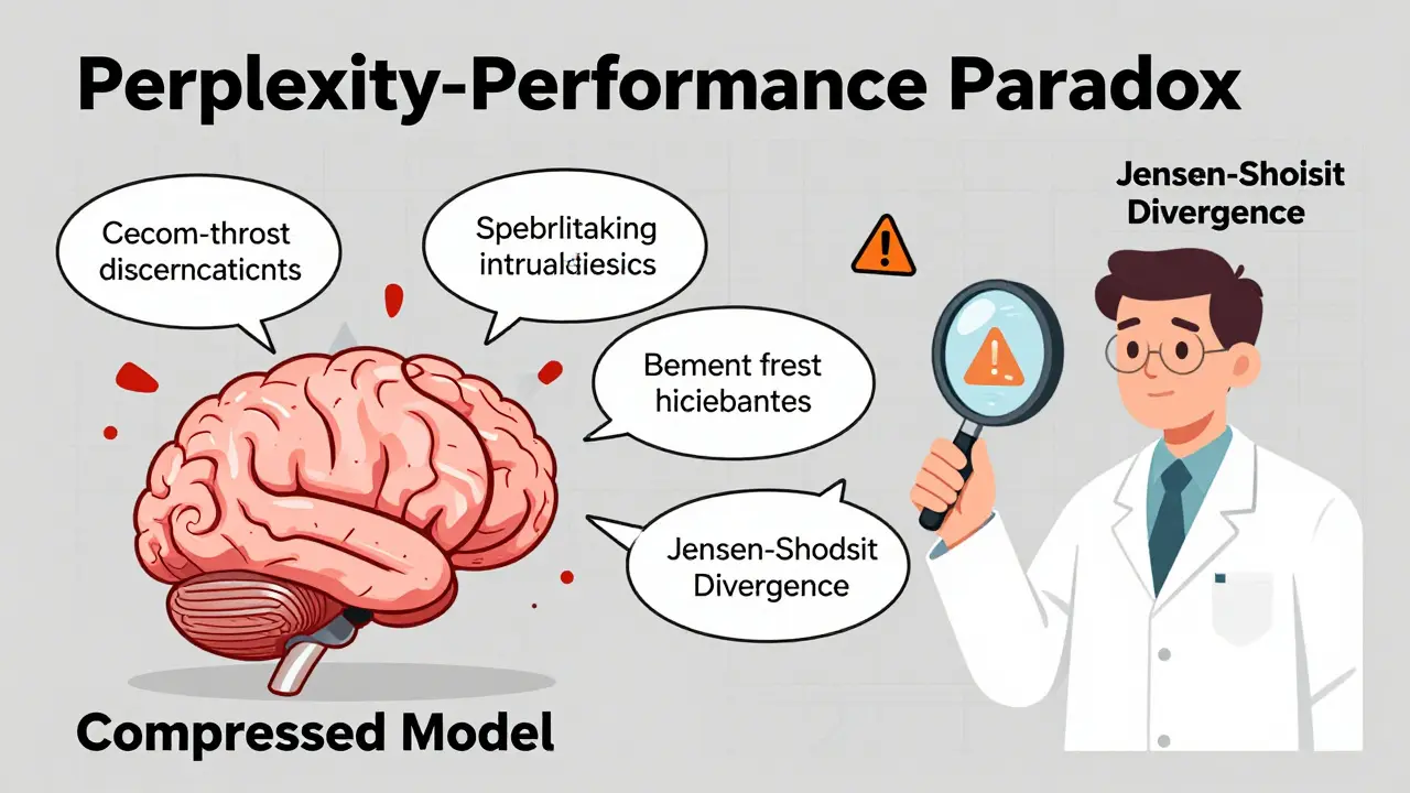 Technical cartoon of a model outputting fluent but flawed text, revealing bias and accuracy paradoxes.