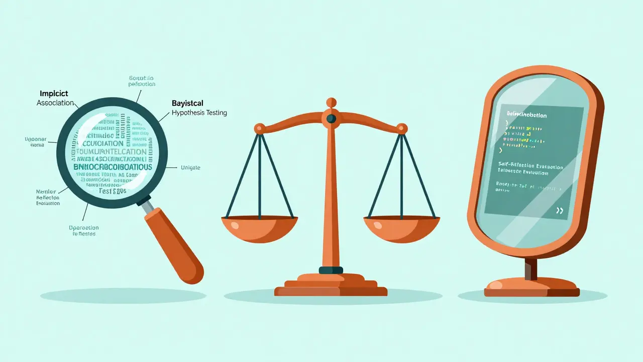 Technical diagram of IAT, Bayesian testing, and self-reflection tools