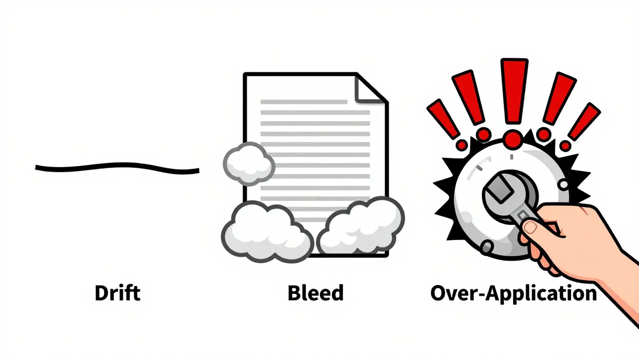 Technical diagram showing AI style transfer errors like drift, bleed, and over-application.