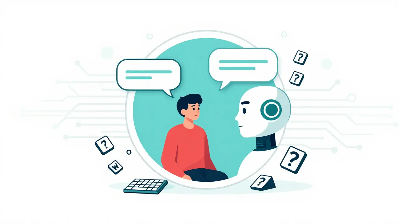 Technical drawing of a user trapped in an AI chatbot loop with broken keyboard controls.
