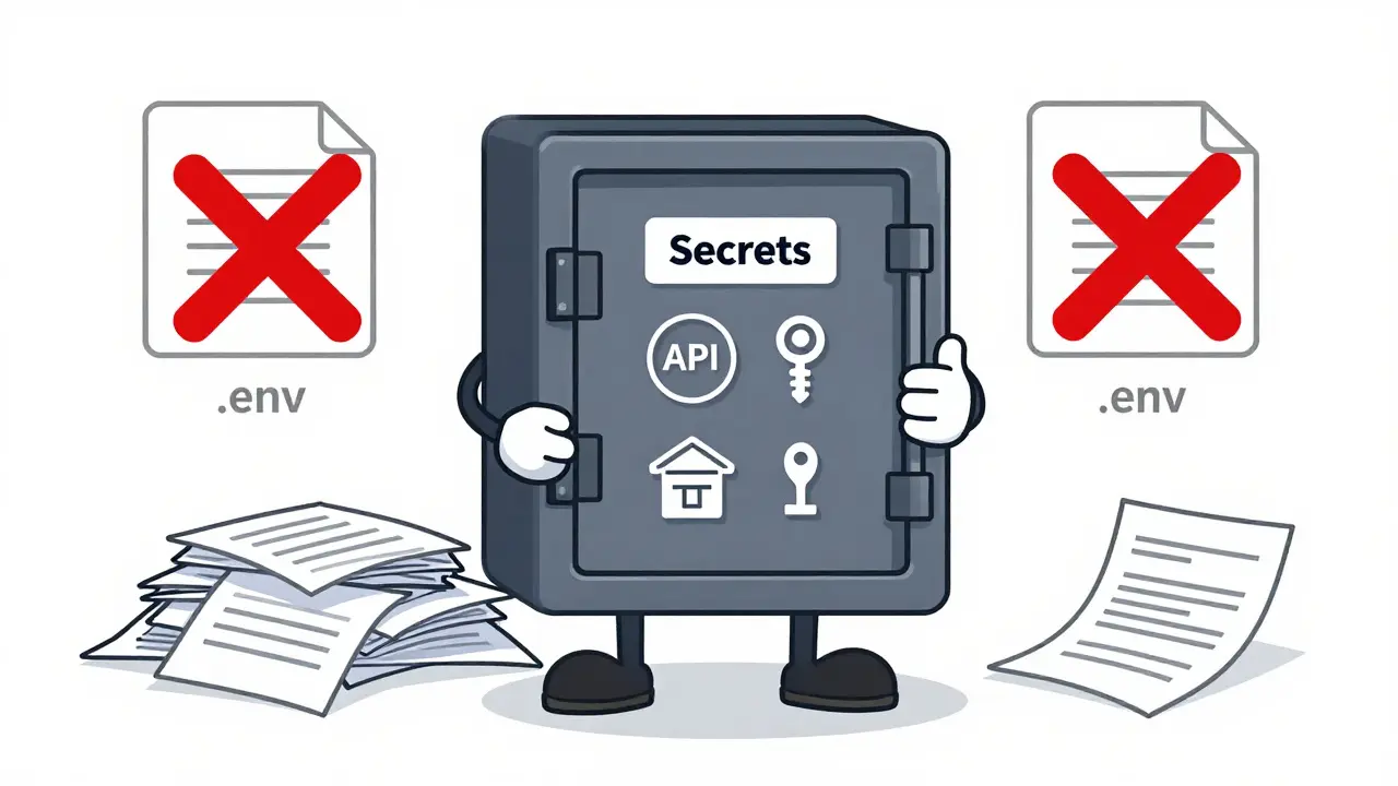 Technical drawing showing secrets stored safely away from public source code files