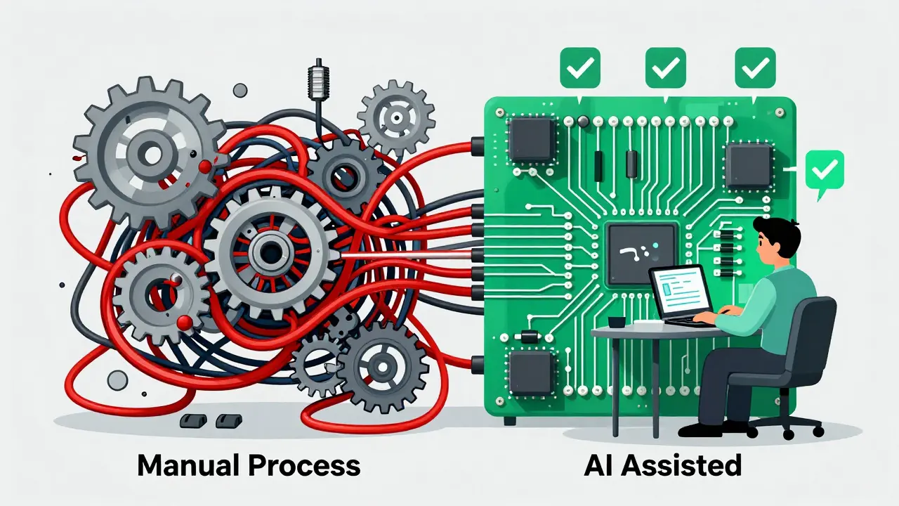 Technical illustration comparing chaotic manual work versus streamlined AI-assisted workflow