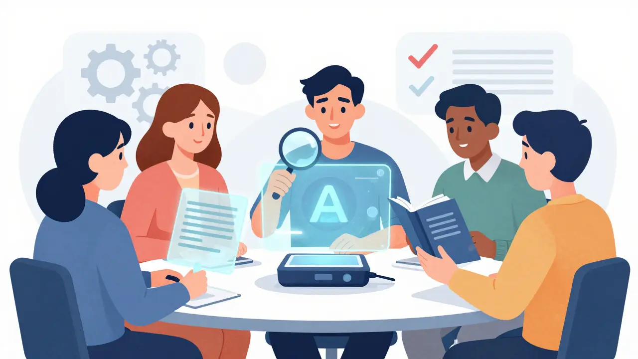 Users critically checking AI outputs for bias and accuracy together.