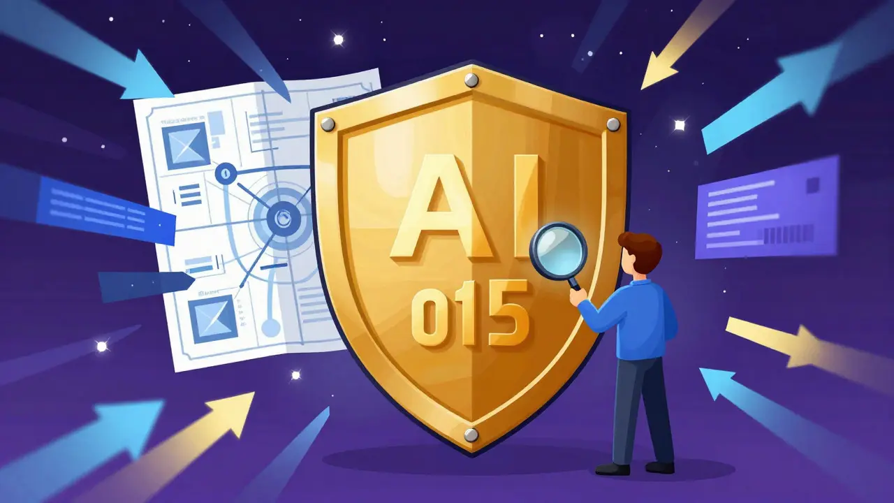 A developer protecting a stable API version with a golden shield against chaotic AI-generated data streams.