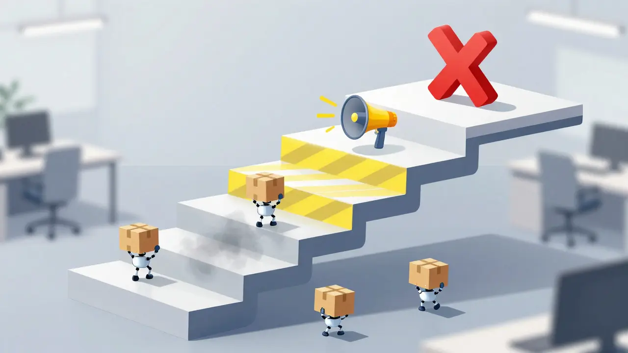 A three-step staircase illustrating the phases of API deprecation with robots migrating to safer versions.
