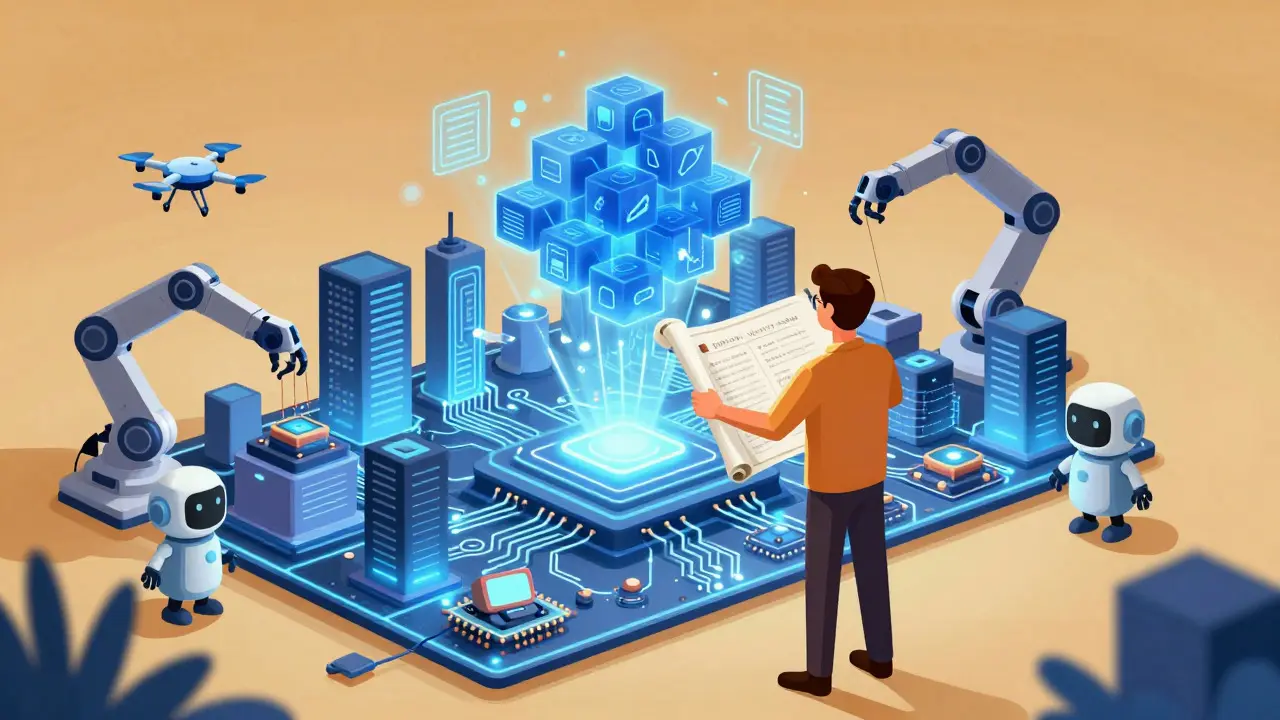 Architect overseeing robotic assembly of cloud infrastructure components