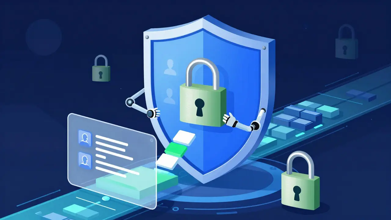 Cartoon depiction of data security shields filtering and anonymizing information for AI.