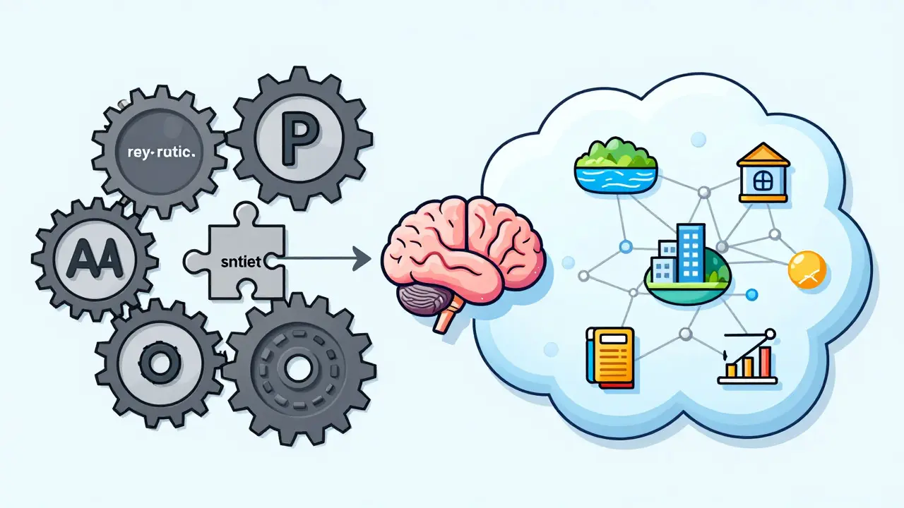 Cartoon diagram contrasting rigid syntax gears with fluid semantic clouds