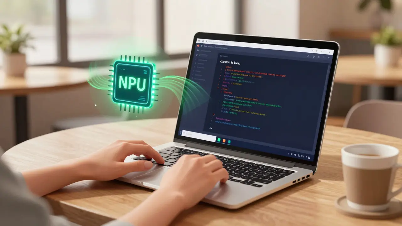 Cartoon of a laptop with NPU chip providing instant AI code suggestions
