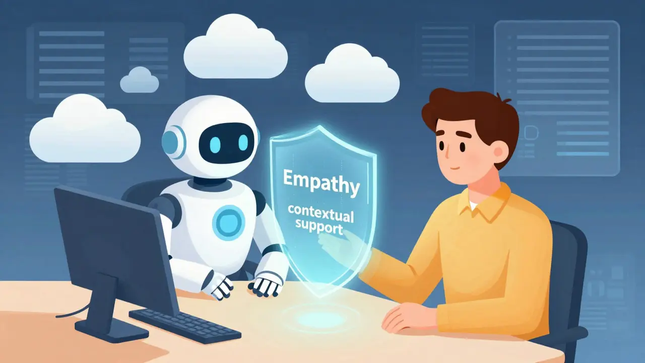 Cartoon of an AI assistant providing empathetic support to a human contact center agent.