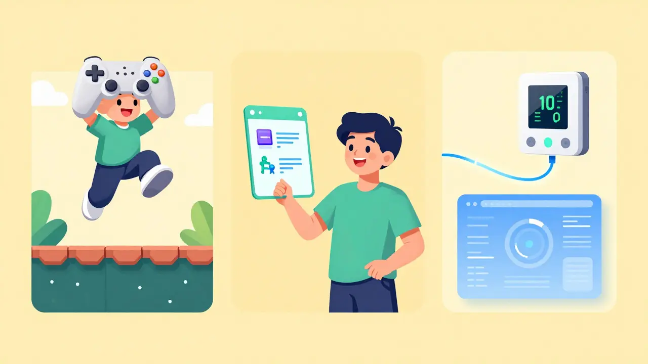 Cartoon showing AI use cases in gaming, education, and IoT devices